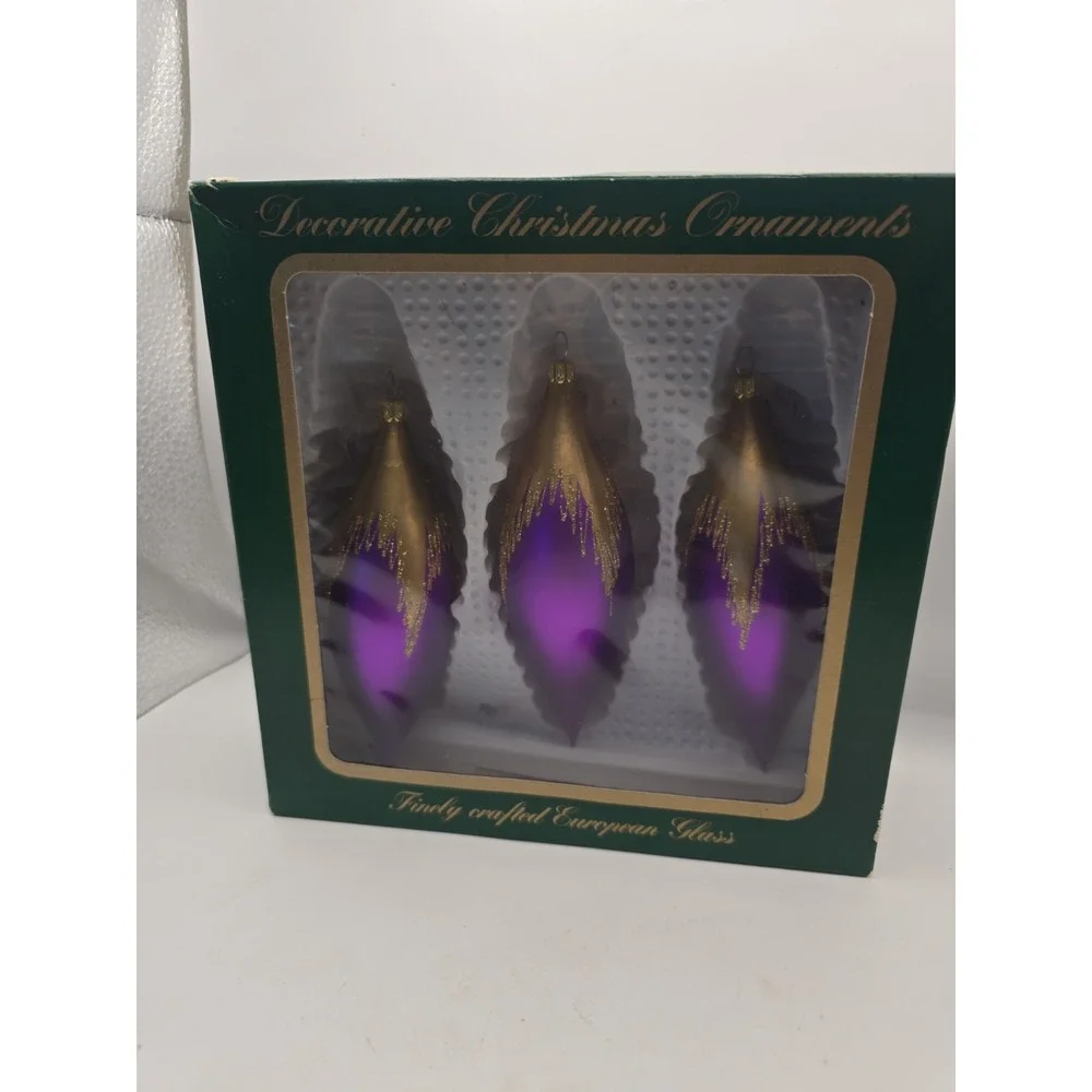 German Glass Teardrop Christmas Ornaments Violet/Gold Snowflake Hanging Set 3pc
